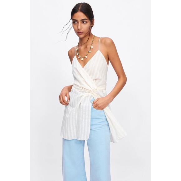 Zara Cream Striped Sleeveless V Neck Knot Cami Sheath Tunic Top Dress Size S - Picture 1 of 10